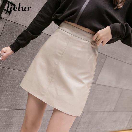 Jielur Leather Skirt Autumn Winter High Waist Mini Skirt Female 4 Colors Chic Black Sexy Saia A-line PU Skirts Women