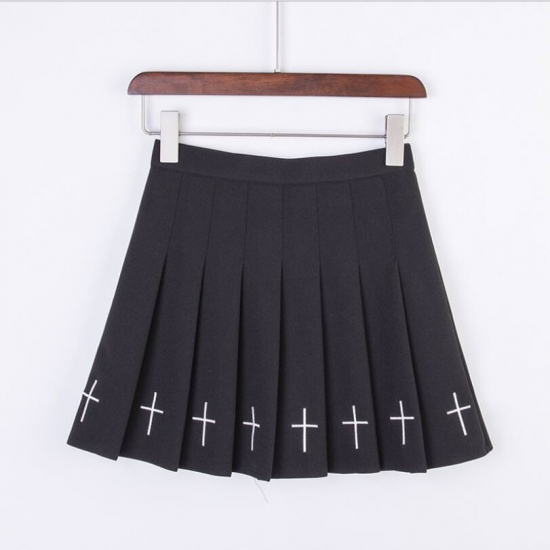 Summer Pleated Women Streetwear Wild Black Skirts Gothic A-line Embroidery Mini Skirt