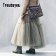 Treutoyeu Vintage Gothic Black White Pleated Long Tulle Skirt Tutu Femme High Waisted Runway Soft Mesh Skirts