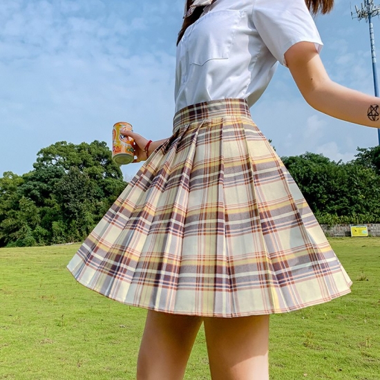 FESTY KARY Summer Women Skirts Fashion High Waist Plaid Pleated Skirts Girls School Kawaii Mini Skirt Women
