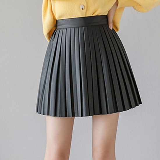 2022 Spring Autumn Pleated Mini Skirt Women Fashion Harajuku Slim Skirts Female Streetwear High Waist PU Leather Skirt