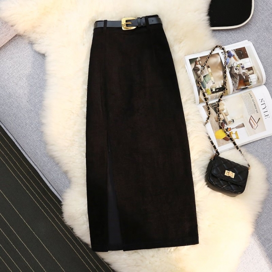 HebeEos Vintage Women Skirt With Side Slit Midi Skirts A-line Hight Waist Sashes Elegant Korean Fashion Corduroy Black Skirt