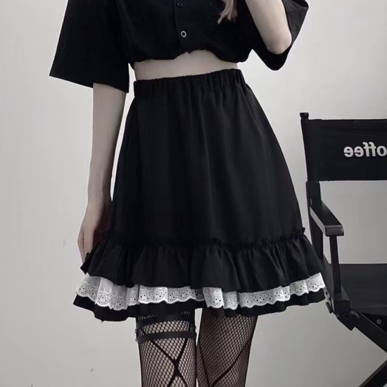 HOUZHOU Mall Goth Gothic Lace Ruffle Mini Skirts Women Fairy Grunge Black Pleated Skirt Lolita Streetwear
