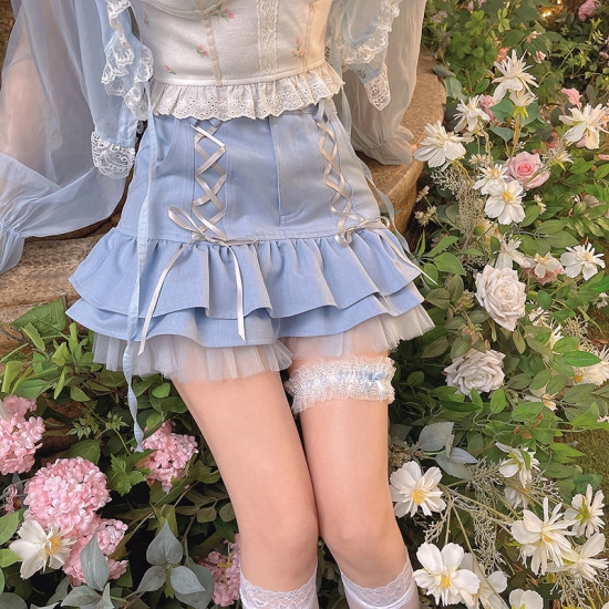 Mini Skirt Women Summer Casual Designer Elegant Lolita Sexy Skirt High Waist Lace Bandage Sweet Skirt 2022