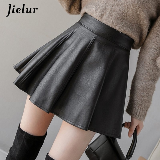 Jielur PU Pleated Skirt Autumn Women Solid Color Leather Winter Skirts Womens Slim High Waist Saia Faldas Chic Zipper Mini Skirt