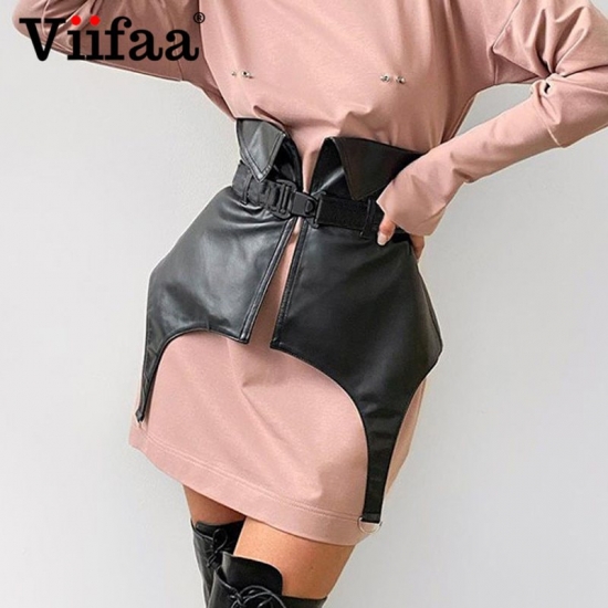 Viifaa Black PU Leather Belt Buckle Corset Women Spring 2022 Fashion Slim Streetwear Elegant Ladies Corsets