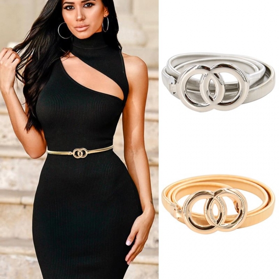 Double Ring Belt Gold Silver Stretch Elastic Waist Belts For Women Metal Plate Female Lady Dress Waistband Ceinture Femme