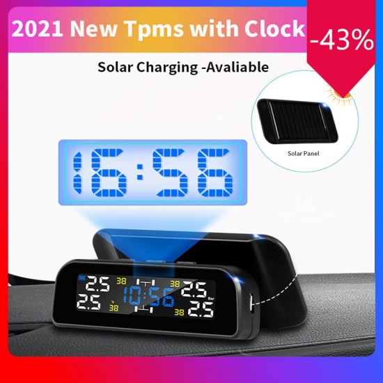 2022 New TPMS With Clock Solar Car Tire Pressure Wireless 4 tire Monitoring System Automatically Brightness Adjust Colorful