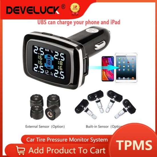 Develuck Car TPMS Cigarette Lighter Wireless Universal TPMS Digital Tire Pressure Alarm System 4 External Internal Sensor