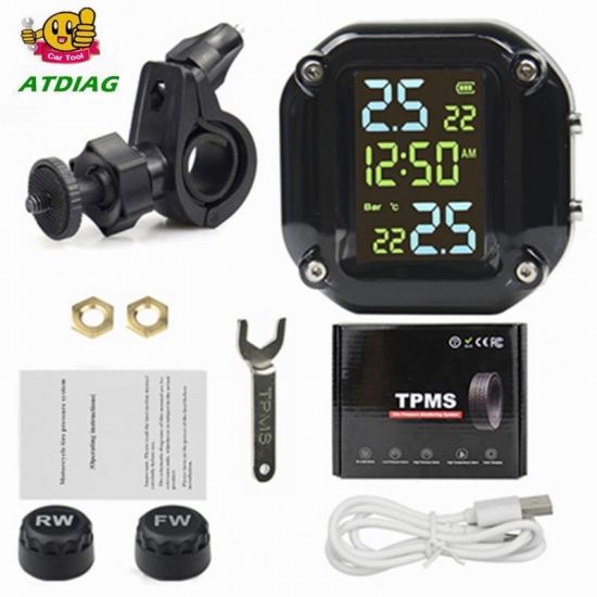 2021 USB Solar Charging Motorcycle TPMS Motor Tire Pressure Tyre Temperature Monitoring Alarm System with 2 External Sensors