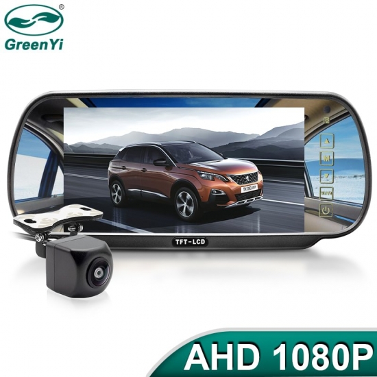 GreenYi 7 inch AHD Car Mirror Monitor 170 Degree 1080P Rear View AHD Camera High Definition Vehicle IPS Full Mirror Display