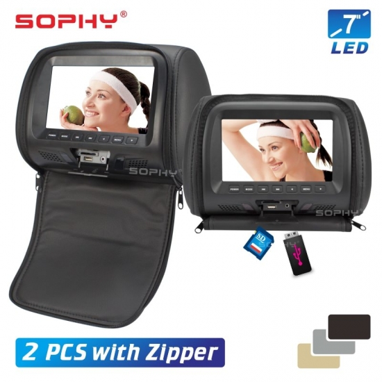 2pcs 7 Inch Car Headrest Monitor With Zipper Cover LED Digital Screen Pillow Monitor MP5 Player USB and SD Functions