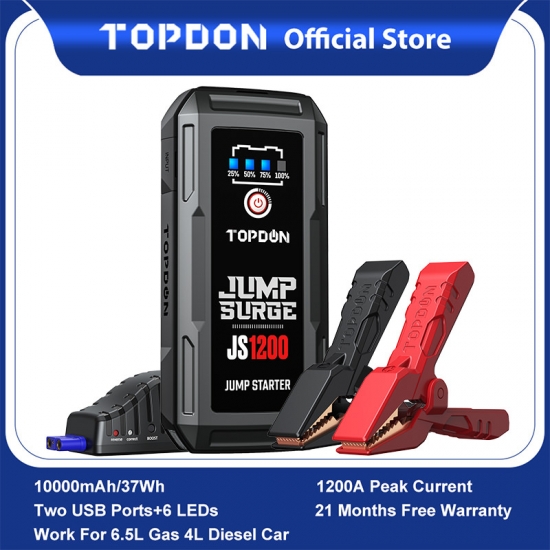 TOPDON 1200A Jump Starter Car Charger Battery Power Bank for 6.5L Gas 4.0L Diesel 12V Fast Charger Auto Battery Booster JS1200