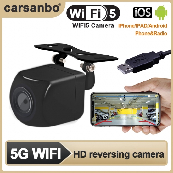 Carsanbo Car Wifi5 HD Night Vision Rear View Camera Wireless Waterproof Wifi Reversing Camera 12V Support Android iOS and Radio