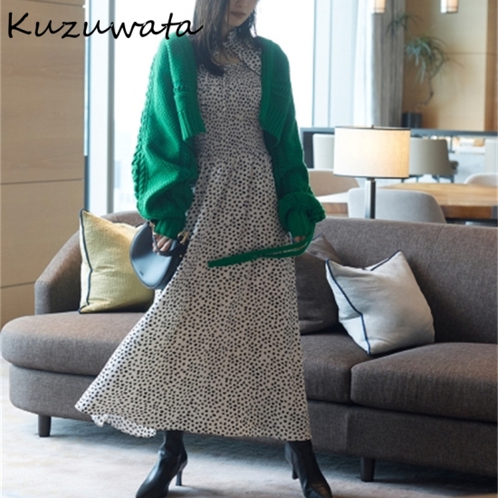 Kuzuwata 2022 Autumn Winter New Women Robes Temperament Sweet Vestidos Love Printed Drawstring Slim Waist Dresses