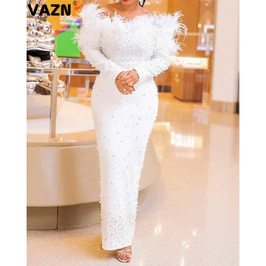 VAZN New 2022 Floor-length Evening Gown Women Lace Up Dress Women Elegant Solid Dress Slim Dress Club Birthday Shinny Dress