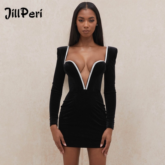 JillPeri Long Sleeve Sexy Deep V Neck Wired Diamante Crystal Padded Shoulder Bodycon Outfits Women Winter Velvet Party Dress