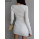 Elegant White Sweater Dress Women V-Neck Long Sleeve Knitted Bodycon Dress Sexy Slit Mini Dress Autumn Spring 2022