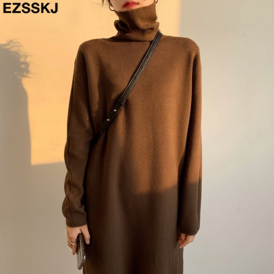 2022 Casual Autumn Winter Pile Collar Thick Maxi Weather Pullovers Dress Women Basic Loose Sweater Female Turtleneck Long Dress