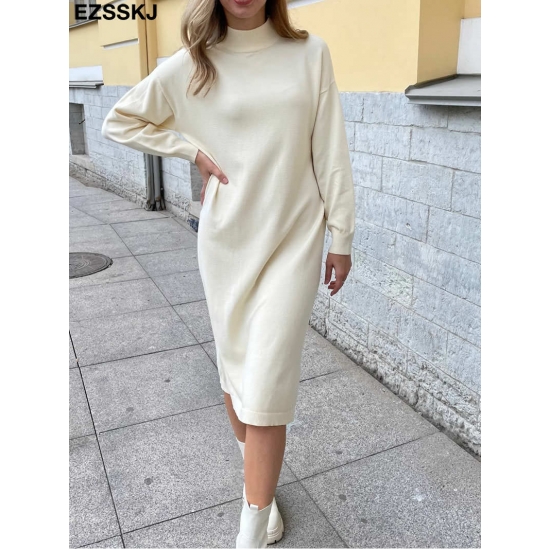 2022 Autumn Winter Oversize Loose  Long Thick Sweater Dress Women Long Sleeve Straight Maix Dress Female Warm Long Knit Dress
