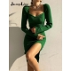 Jacuqeline 2022 Knitted Green Midi Sexy Bodycon Women Dress Spring Long Sleeve Off Shoulder Split Elegant Sweater Party Dresses
