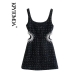 KPYTOMOA Women Fashion With Pearl Beads Hollow Out Tweed Mini Dress Vintage Backless Zipper Wide Straps Female Dresses Vestidos