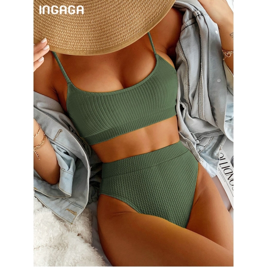 INGAGA High Waist Bikini Swimwear Women Swimsuit 2022 New Push Up Biquini Ribbed Bathing Suit Women Sexy High Cut Bikinis Set