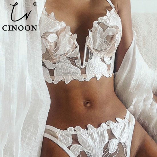 CINOON Sexy French Lace Embroidery Brassiere Lingerie Set Womens Underwear Set Push Up thin Bralette Deep V Bra and Panty Set