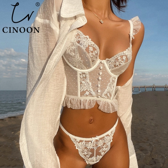 CINOON French Lingerie Sexy Womens Underwear Set Push Up Brassiere Lace Transparent Bra Panty Sets Wedding White Thin Underwear