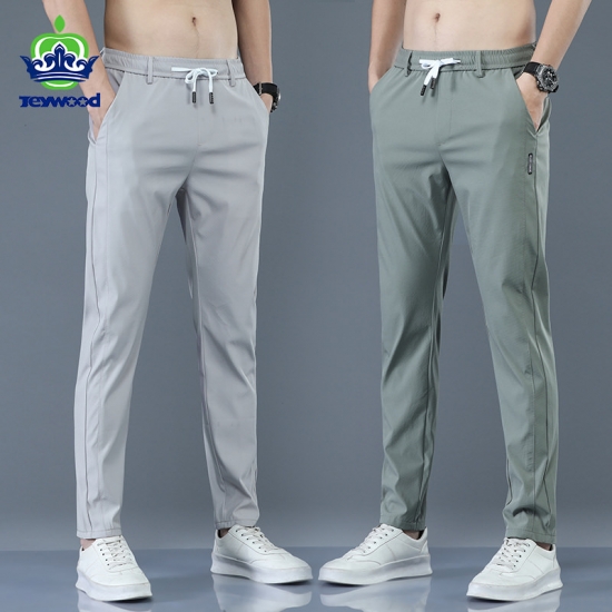 Mens Trousers Spring Summer New Thin Green Solid Color Fashion Pocket Applique Full Length Casual Work Pants Pantalon