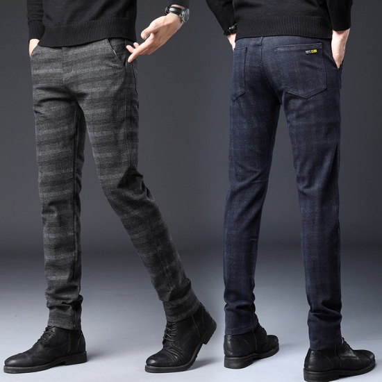 Brand Mens Plaid Pants Casual Elastic Long Trousers Cotton Gray Black Blue Skinny Work Pant for Male Classic Clothing Jogging