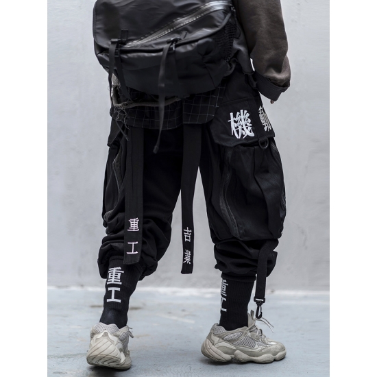 Japanese Streetwear Techwear Cargo Pants For Men Baggy Wide Leg Black Jogger