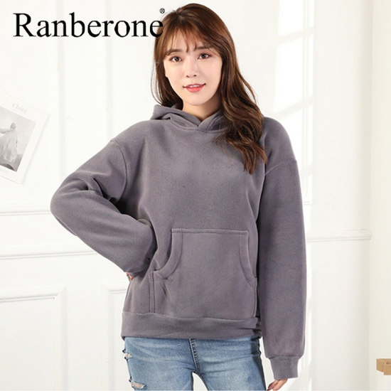 Ranberone Hoodies Women Cotton And Velvet Thick Sweater Solid Loose Long Sleeve Pullover Sportswear Style Fitness Tops