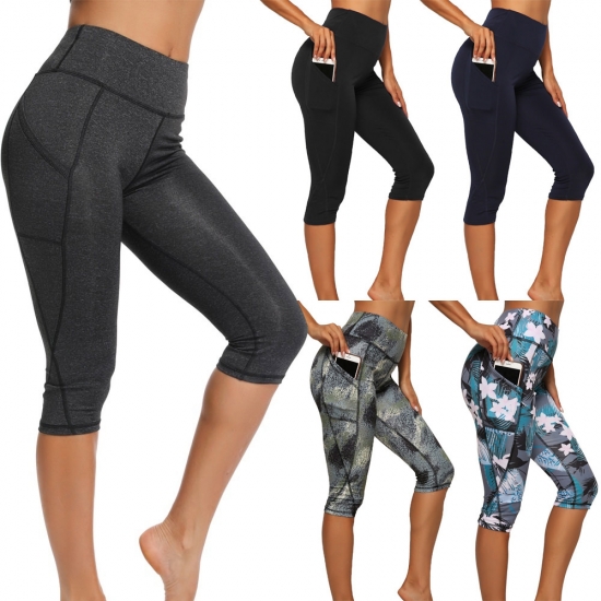 Womens Sports Pants 3 or 4 Gym Sport Woman Tights Casual Cropped Female Leggings For Fitness Women Yoga Pants with Side Pockets
