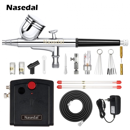 Nasedal NT-19 Dual-Action Airbrush Compressor Kit 0-3mm Airbrush Spray Gun for Nail Airbrush Model Cake Car Fish Shoes Painting