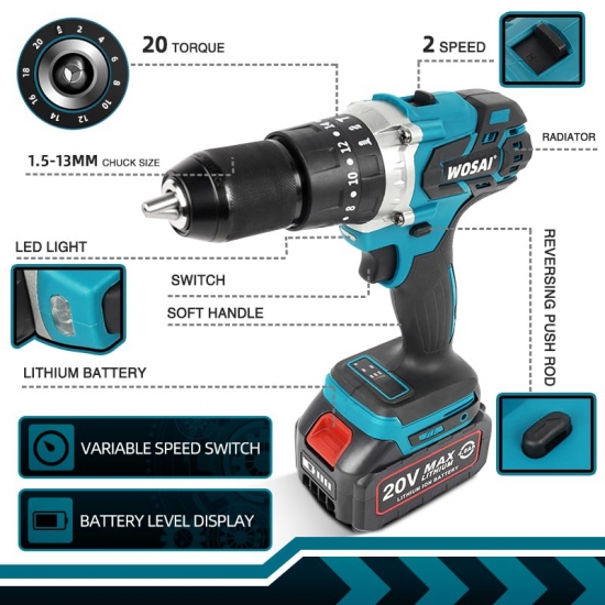 WOSAI 20V Brushless Electric Drill 20 Torque 115NM Cordless Screwdriver Li-ion Battery Electric Power Screwdriver Drill