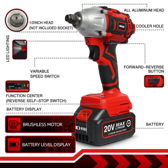 WOSAI 20V Cordless Brushless Electric Wrench Impact Wrench Socket Wrench 320N-m Li-ion Battery Hand Drill Installation