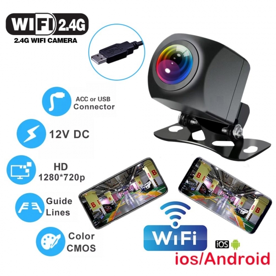 12V 2-4G Wifi Vehicle Camera 720P Hd Pixel Waterproof Usb Rearview Parking 170 Car Camera With Guide Lines For Ios Android
