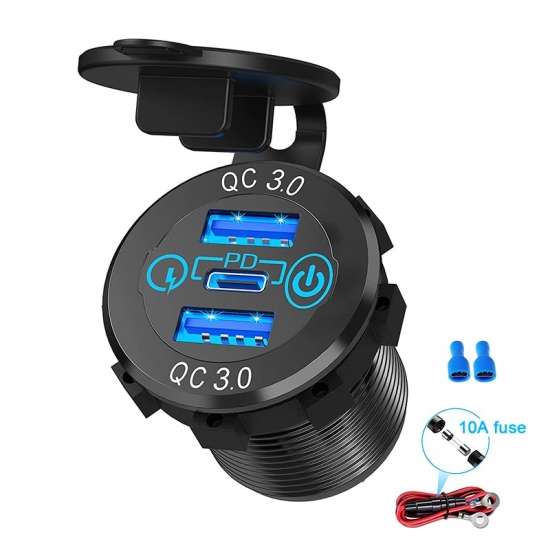 12V-24V Triple Aluminum Metal 60W Usb-c Multiple Car Charger Socket Pd3-0 -amp;Amp; Two Qc3-0 Ports With Touch Switch Fast Car Adapter