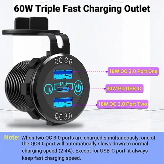 12V-24V Triple Aluminum Metal 60W Usb-c Multiple Car Charger Socket Pd3-0 -amp;Amp; Two Qc3-0 Ports With Touch Switch Fast Car Adapter