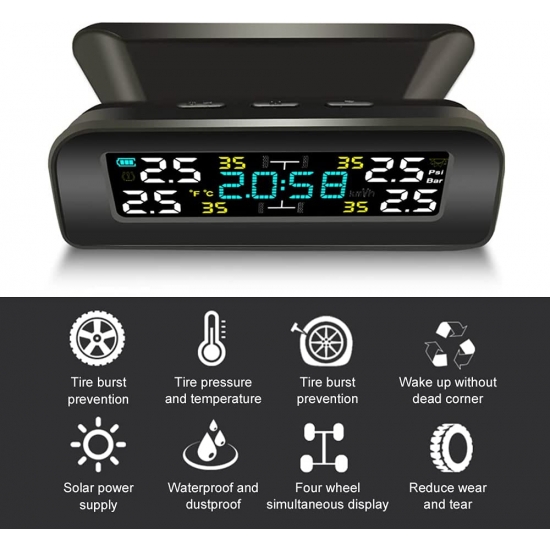 Universal Tpms Wireless Tire Pressure Monitoring System Solar Power Clock Lcd Display 4 External Sensor Tire Pressure Sensors