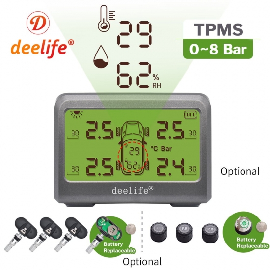 Deelife Tpms Solar Car Tire Pressure Monitoring System 0-8 Bar Tmps Wheel Tyre Internal External Sensor