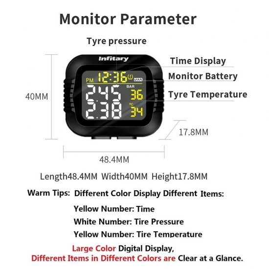 Infitary Motorcycle TPMS Tire Pressure Monitoring System Big Wireless LCD Colorful Display Shift For Status Precise Digital Motor