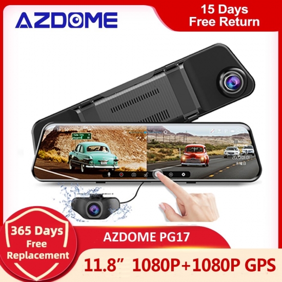 Azdome Pg17 Car Mirror Dvr Gps 1080P Dual Cams 11-8Inch Touch Screen Rearview Dash Cam Stream Media Video Recorder Night Vision