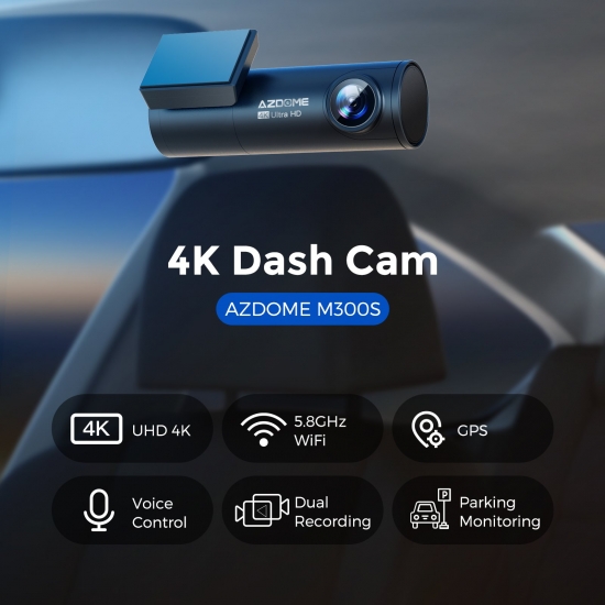 Azdome M300S Car Recorders 4K+1080P Rear Camera (Free 64G Tf) 800Mp Lens Gps Wifi Car Dvr Voice Control  Dash Cam Night Vision