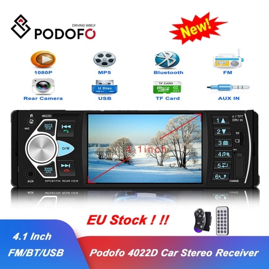 Podofo 4022D Car Radios 1 Din 4-1 Inch Audio Stereo Bluetooth Fm Receiver Usb Support Rearview Camera And Steering Wheel Control