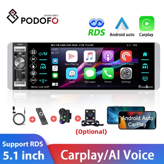Podofo 1 Din Carplay Car Radio Receiver Bluetooth Autoradio 5-1 Inch Mp5 Audio Video Player Ai Voice Am Fm Radio Tape Recorder