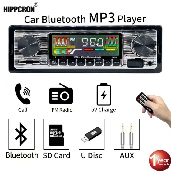 Hippcron Car Radio 1 Din Stereo Fm Bluetooth Mp3 Audio Player Cellphone Handfree Digital Usb-Sd With In Dash Aux Input