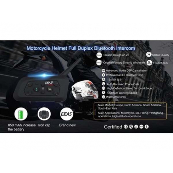 Ejeas V6 Pro Intercom 1200M Motorcycle Bluetooth Helmet Intercom Csr Chip 2-4Ghz Fm 6 Riders Waterproof