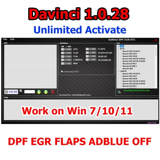 Davinci 1-0-28 Unlimited Activate Dpf Egr Flaps Adblue Off Chiptuning Remapping Sw Davinci V1-0-28 Ecu Programmer For Win7-10-11